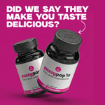 Two bottles of 'PussyPop'in' on a pink background with text.