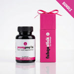 Bottle of 'pu$$y pop'in' boric acid suppositories with pink packaging labeled 'fu$h stick' on a white background.