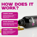 Bottle of skincare product with text explaining its ingredients and benefits on a white background