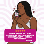 Illustration of a woman holding a bottle with a five-star rating and review text on a pink background.
