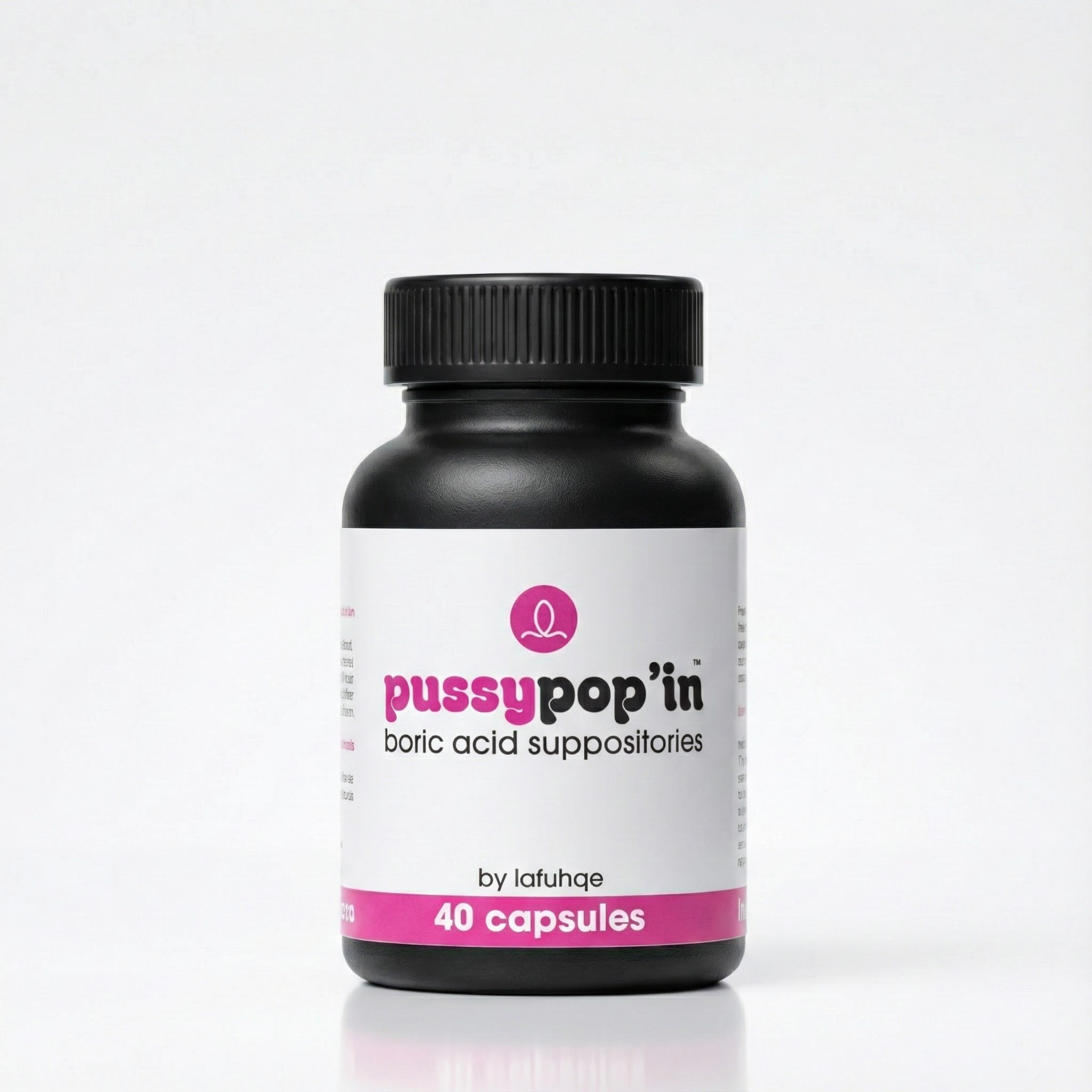 Bottle of 'pussypop'in' boric acid suppositories on a white background