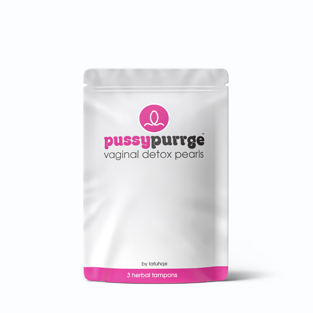 Package of Pussypurge vaginal detox pearls on a white background