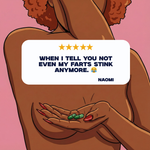 Cartoon character holding two green pills with a humorous message on a pink background