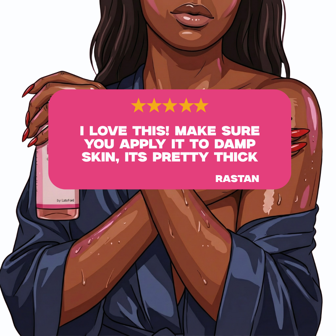 Illustration of a woman holding a bottle of helixir with a five-star rating and review text.