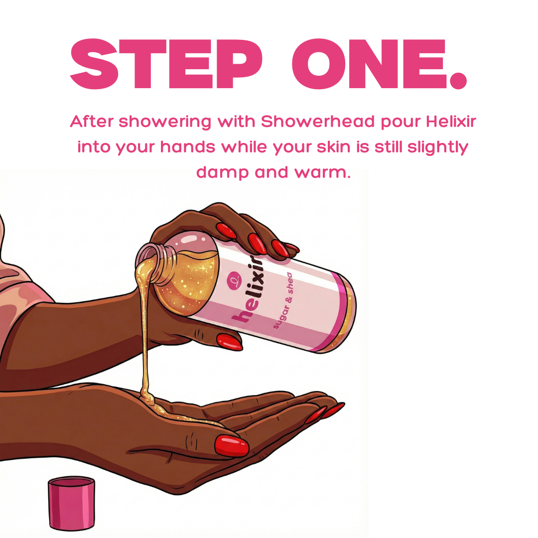 Illustration of hands pouring Helixir product into another hand with text on a white background