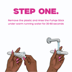 Illustration of hands rinsing a Fuhq Stick under running water with text instructions on a white background.