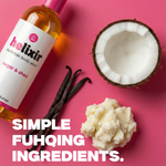 Helixir body elixir bottle with coconut, vanilla beans, and shea butter on a pink background.