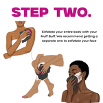 Illustration showing steps of using a Muff Buff for exfoliation on the body and face.