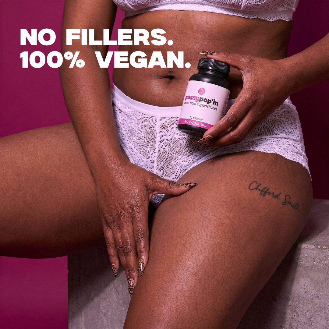 Person holding a supplement bottle with 'No Fillers. 100% Vegan.' text on a pink background